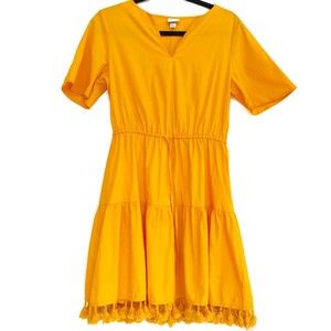 A New Day Small Cotton Sunflower Yellow Pom Pom Short Sleeve V-neck Tiered Dress